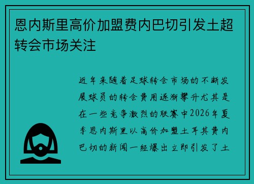 恩内斯里高价加盟费内巴切引发土超转会市场关注