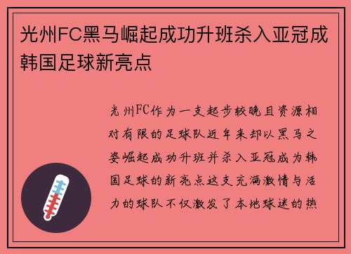 光州FC黑马崛起成功升班杀入亚冠成韩国足球新亮点