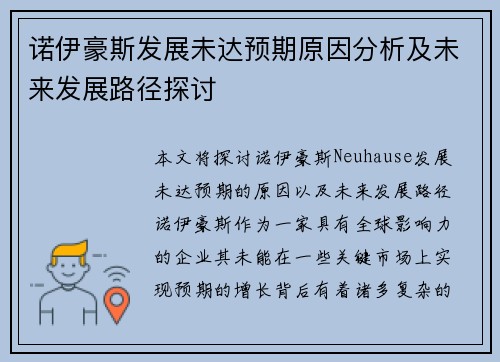 诺伊豪斯发展未达预期原因分析及未来发展路径探讨